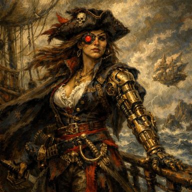 IRONHAND Female pirate with an eye patch and metal arm, standing on a ship with a sailing vessel in the background.