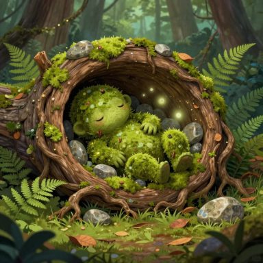 VERDURE A small, green creature peacefully sleeps in a mossy nest surrounded by ferns and stones.