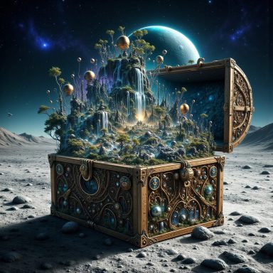 MICROCOSM A treasure chest reveals a vibrant, miniature landscape on a lunar surface.