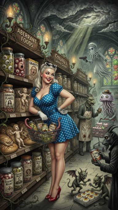 Eldritch Woman in a blue dress holds a basket in a dimly lit, eerie apothecary filled with jars.