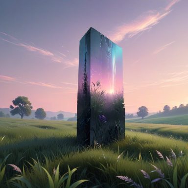 NEXUS A tall monolith surrounded by grass under a pastel sky at dawn.