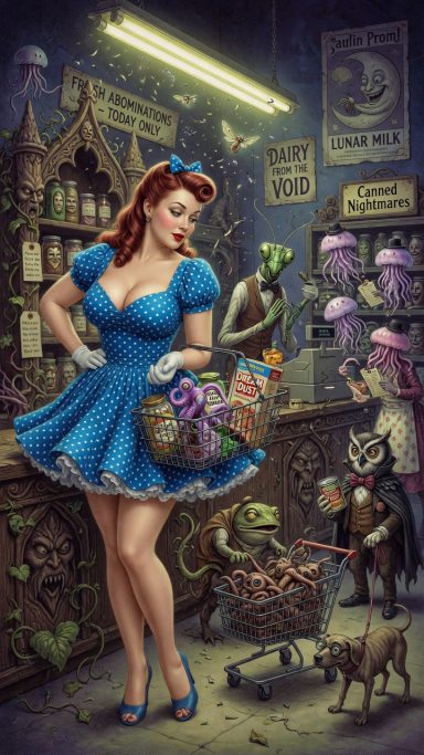 Bazaar A woman in a blue dress holds a plant in a whimsical shop filled with quirky creatures.
