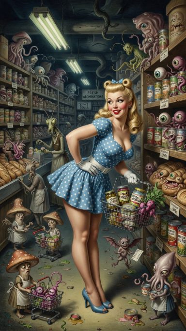 Abnormal A vintage-styled woman in a blue dress poses in a whimsical pantry filled with creatures.