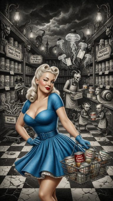 Oddities A retro-style woman in a blue dress holds a basket in a vintage store setting.
